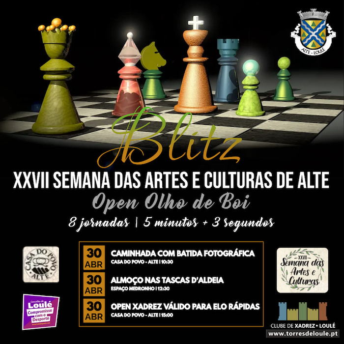 Torneio FIDE Blitz  Xadrez na Semana das Artes e Culturas de Alte - Mais  Algarve
