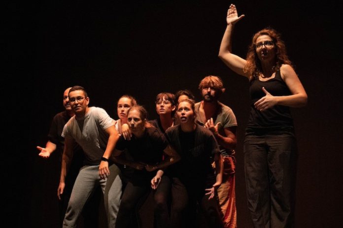 Mákina-Cena-Estreia-1 Grupo de pessoas em palco com os braços levantados, a atuar no espetáculo "Quando para Sul/O Azul/Luar" no Cineteatro Louletano.